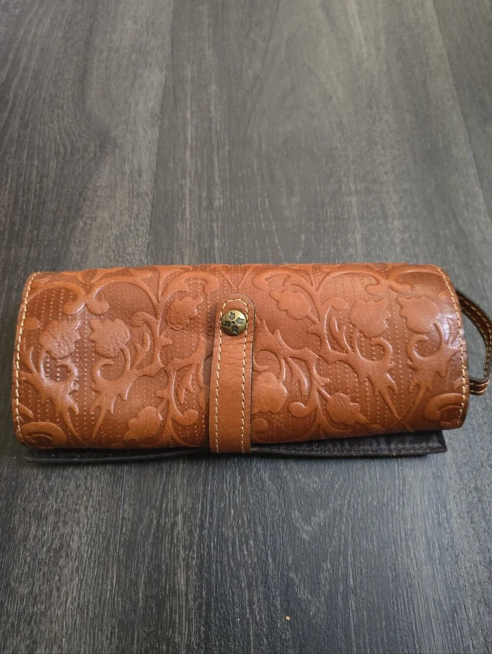 Tooled Leather Makeup Brush Roll Organizer Cognac Brown Barrel Zip Travel Case